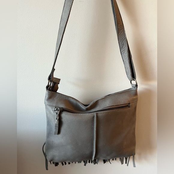 Cut n’ Paste Leather Gray Crossbody Bag with Fringe - Picture 9 of 15